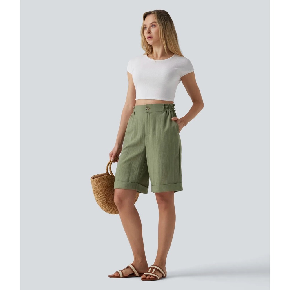 NEW Halara High Waisted Rolled Hem Linen-Feel Bermuda Shorts 10'' Size L Green